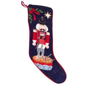 Vintage Nutcracker Needlepoint Stocking w/Red Velvet Trim